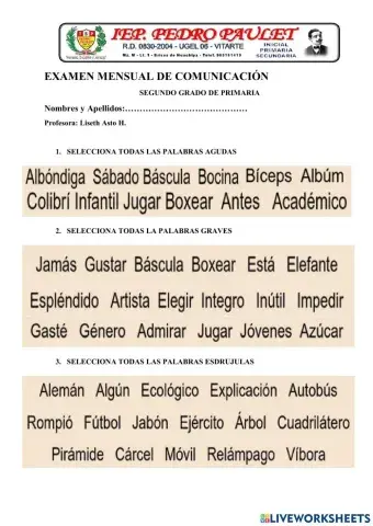 Examen de comunicación  2do grado septiembre