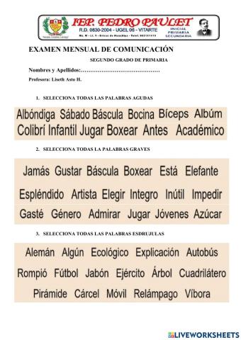 Examen de comunicación  2do grado septiembre