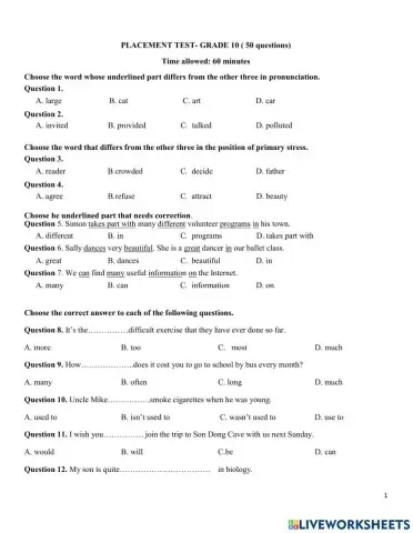 PLACEMENT TEST GRADE 10-11-12