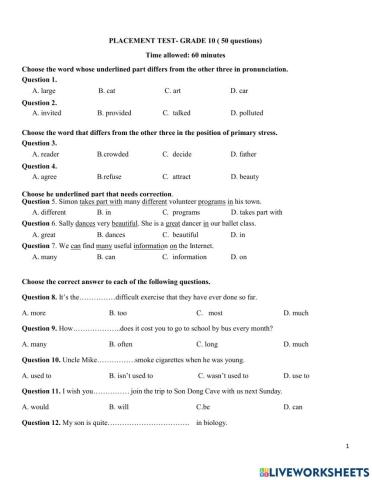 PLACEMENT TEST GRADE 10-11-12
