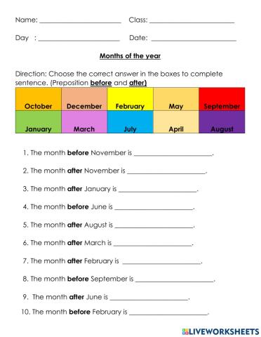 Months of the year - before and after