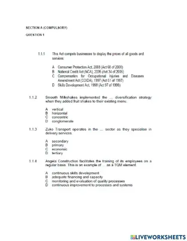 Business studies section A exam paper