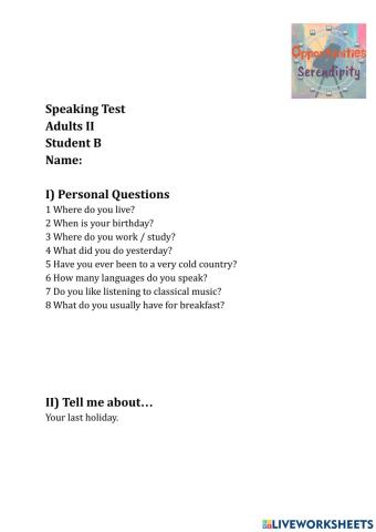 Speaking Test, Adults II