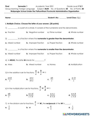 P5 MATH Final Test Term 1
