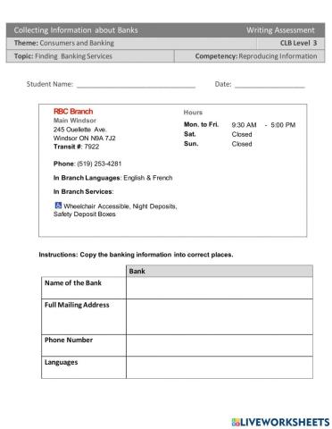 CLB 3-Banking Services-Writing Assessment-Reproducing Information