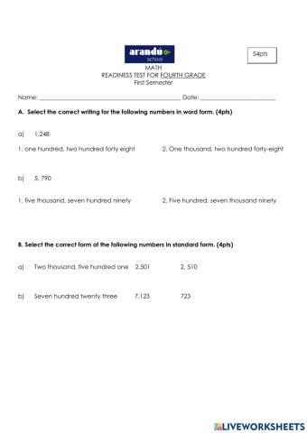 Readiness Test for fourth grade