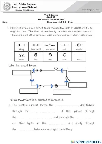 Y2 Science Worksheet - Electric Circuits