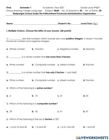 P6 MATH Final Test Term 1