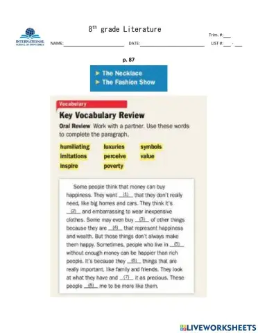 8- The Necklace The Fashion Show key vocabulary p. 87