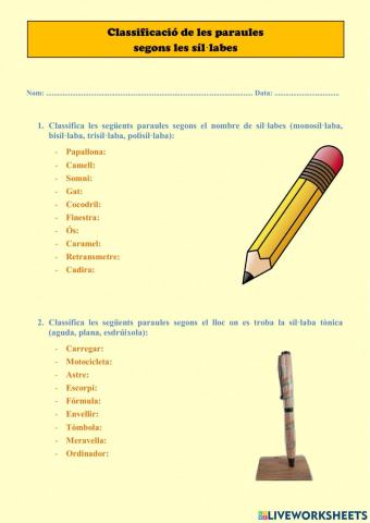 Classificació de paraules per nombre de síl·labes i la síl·laba tònica
