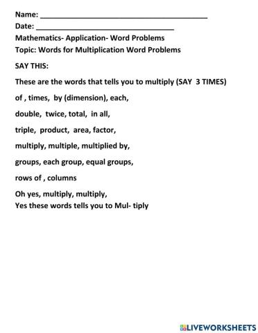 Multiplication Words (for Word Problems)