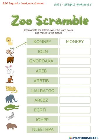 Unit 1 - Animals - Worksheet 8