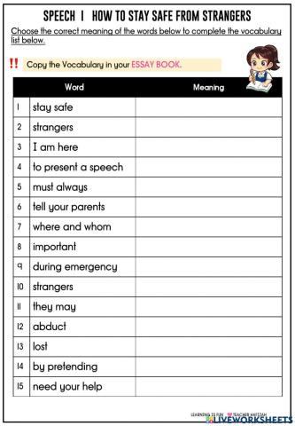 Year 6  - vocabulary i speech- how to stay safe from strangers