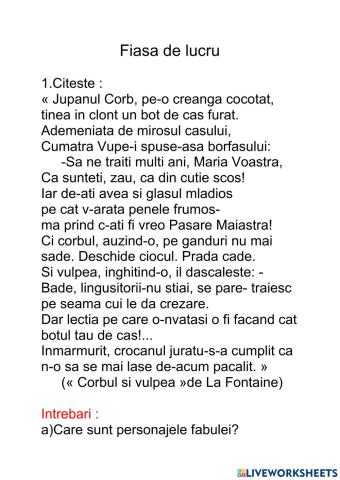 Fisa de lucru Corbul si vulpea