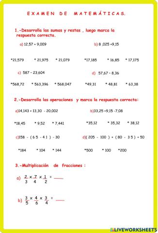 Examen de matemáticas