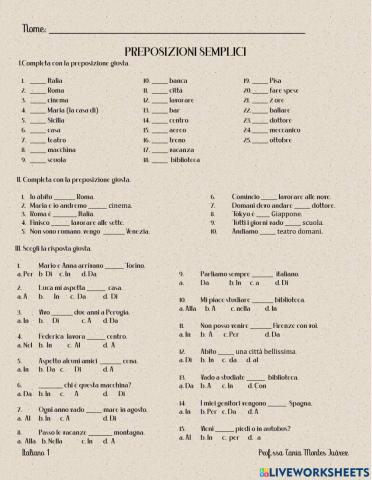 Esercizio Preposizioni semplici