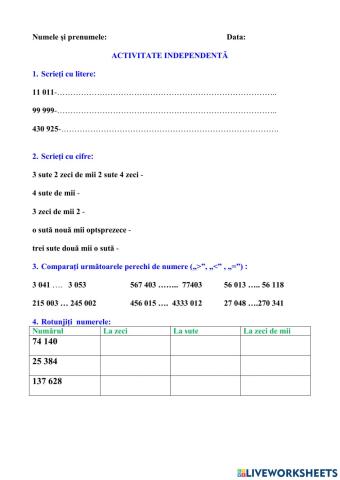 Activitate independent -Numere naturale 0 - 1 000 000