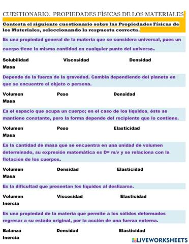 Cuestionario. propiedades físicas de los materiales.