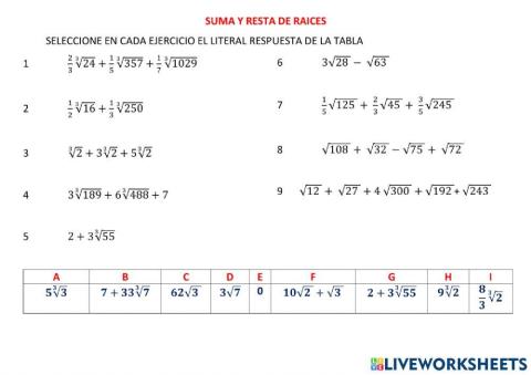 Suma y resta de raices