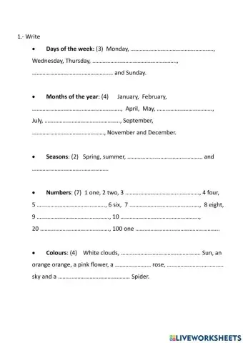 Days, months, seasons, numbers and colours