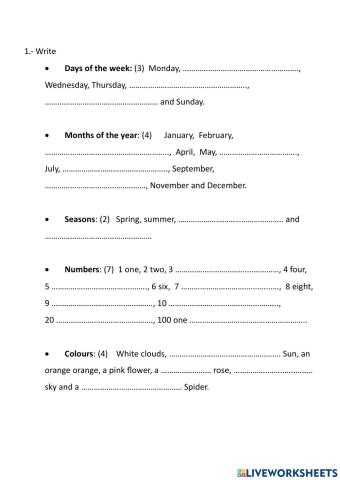 Days, months, seasons, numbers and colours