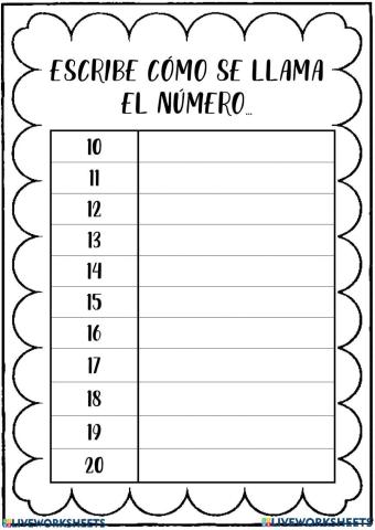 Escritura de Números del 10 al 20