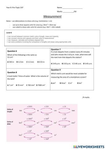 Year 8 Measurement Pre Test