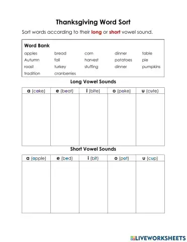Phonics and Thanksgiving Word Sort