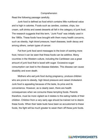 Comprehension- Junk Food