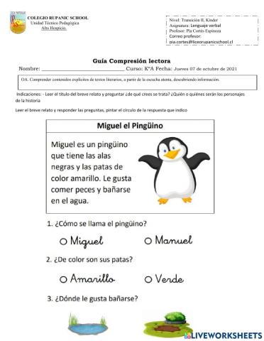 Compresión lectora miguel el pingüino