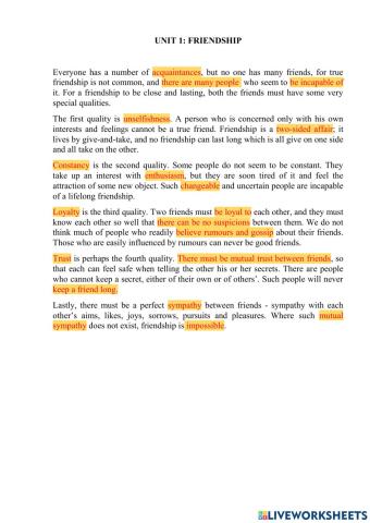Unit 1: Fiendship : reading