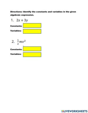 Illustrates and differentiates related terms in algebra: a. n a where n is a positive integer b. constants and variables c. literal coefficients and numerical coefficients d. algebraic expressions, terms and polynomials e. number ot terms, degree of the t