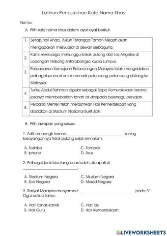 Latihan Pengukuhan Kata Nama Khas