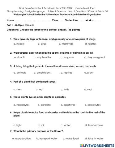 P4 science final test for term 1