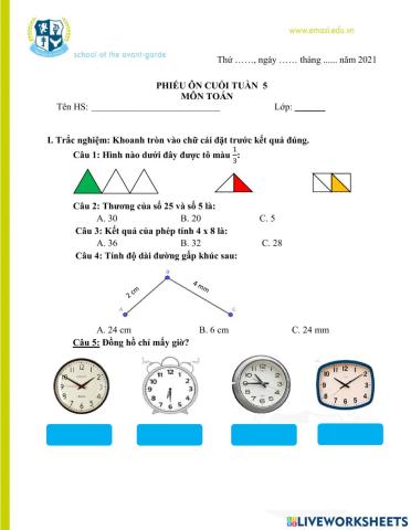 Ôn toán cuối tuần 5