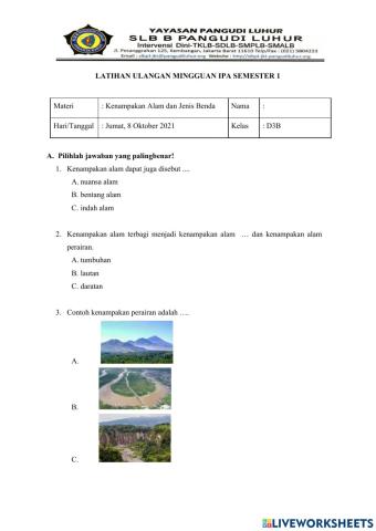 Ulangan IPA-Kenampakan Alam dan Jenis Benda