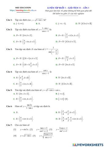 Toán 11 - Tập xác định của hàm số lượng giác