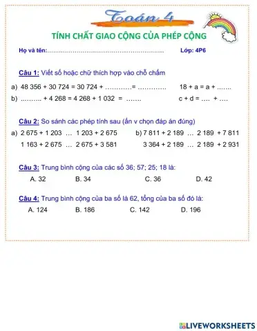 Ôn tính chất giao hoán của phép cộng