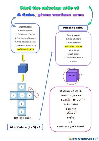 Find missing side of a cube given the surface area