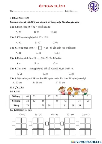 Phiếu ôn Toán Tuần 3