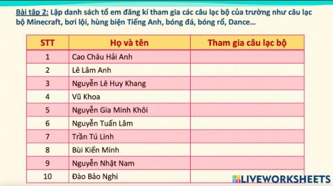 Nhóm 2 - Danh sách đăng kí CLB