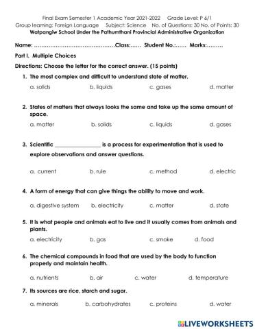 P6 science final test for term 1