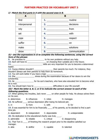 Vocabulary Unit 3-Practice test 1