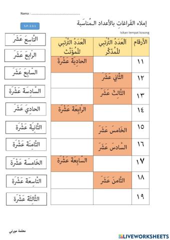 Bahasa Arab Tahun 6 - Nombor Ordinal 11-19