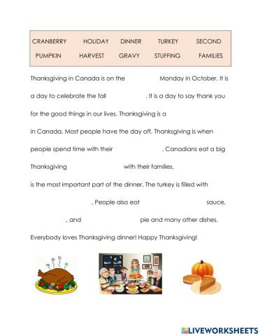 Thanksgiving in Canada Vocabulary 5