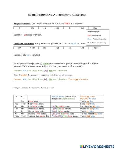 Subject Pronouns and Possessive Adjectives