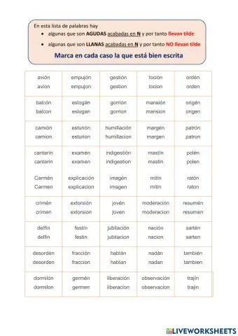 Palabras agudas acabadas en N