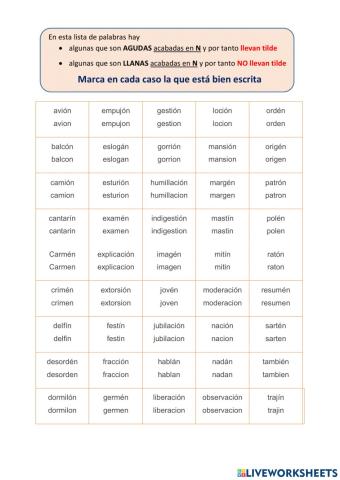 Palabras agudas acabadas en N