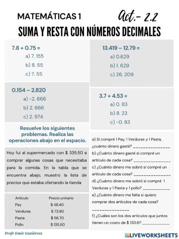Suma y Restas con Números Decimales