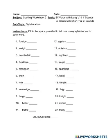 Spelling 'ei' Words- Syllables